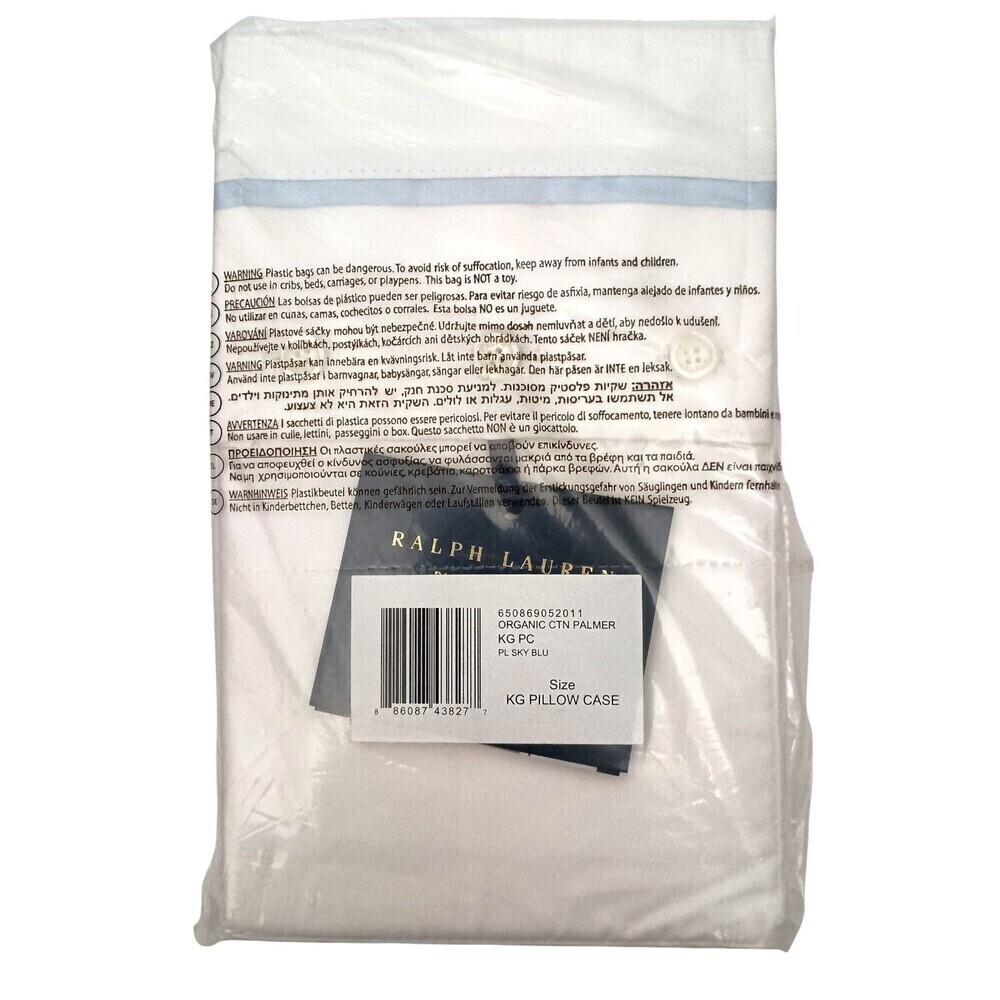 Ralph Lauren Palmer Percale Single Organic King Pillowcases White Blue NWT